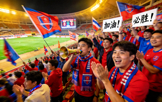 球迷在体育场看台上为球队加油助威的现场画面